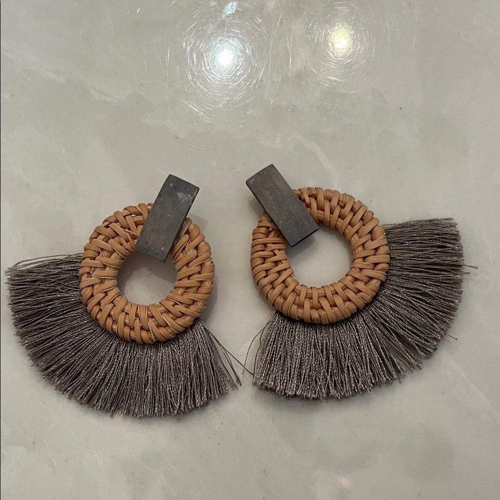 Bamboo Woven Hoop Fringe Earrings in Brown and Gray